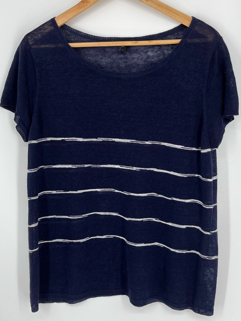 Eileen Fisher 100% Organic Linen Jersey Knit Striped Tee Size Large Navy Blue